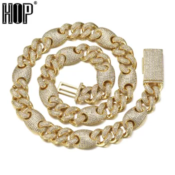 

12mm Coffee Bean Pig Nose Copper Necklaces&Bracelets Set Lock Clasp Miami Cuban Link Iced Out Cubic Zirconia Hip Hop Jewelry
