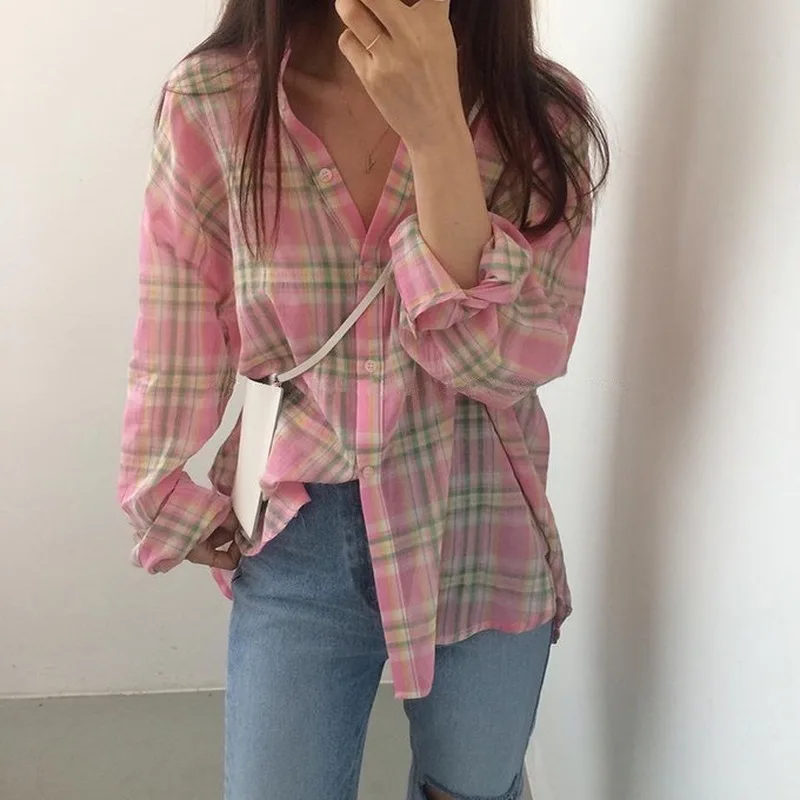 

20 spring new popular models long-sleeved shirt light sunscreen shirt shirt women women blouses women shirts plaid shirt