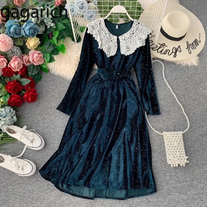 

Gagarich Women Dress Retro Golden Velvet Long Sleeve Belt Waist Solid Elegant Autumn Fashion 2019 Ladies Long Dresses