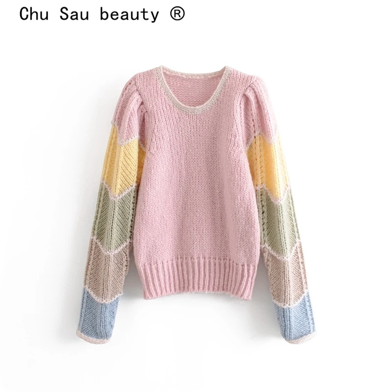 Chu Sau beauty Новинка модные Ins Blogger радужные Лоскутные свободные свитера женские осенние зимние шикарные вязаные пуловеры женские