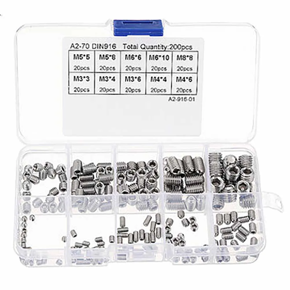 

200Pcs M3 M4 M5 M6 M8 Stainless Steel Grub Screws Cone Point Hexagon Hex Socket Set Screws Assortment Kit