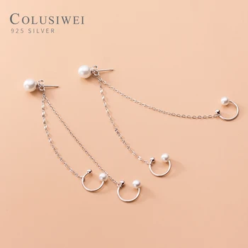

Colusiwei New Fashion 925 Sterling Silver Double Chain C Shape Tassel Clips Earring for Women Pearl Earring Fine Jewelry Bijoux