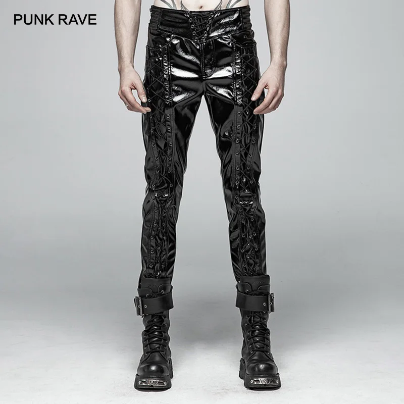

PUNK RAVE Men Punk Pants Glossy Patent-Leather Black Trousers Fashion Motorcycle Steampunk Gothic Performance Clothing Pants Men