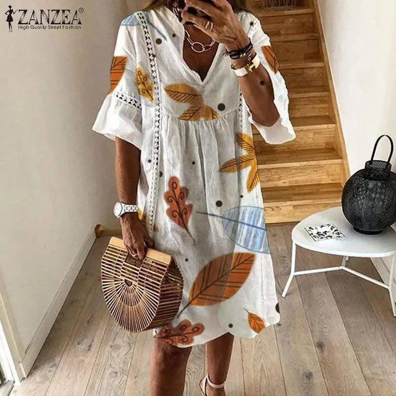 Женское платье ZANZEA Лето Осень Винтаж Листья печати v-образным вырезом короткий рукав мини платья Vestidos Женская одежда для вечеринки плюс размер