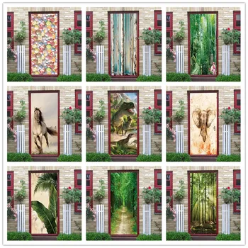 

Print Art Picture 3D Door Sticker DIY Animal Green Plant Wallpaper Home Decor Decals Self Adhesive Waterproof Mural For Bedroom