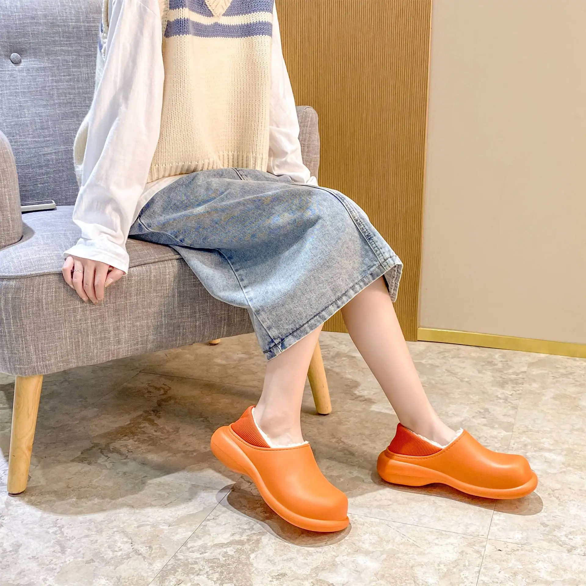 

Winter Bag with Thick-soled High-heeled Cotton Shoes Casual All-match Two-wear Cotton Slippers Plus Velvet Warm Home Shoes