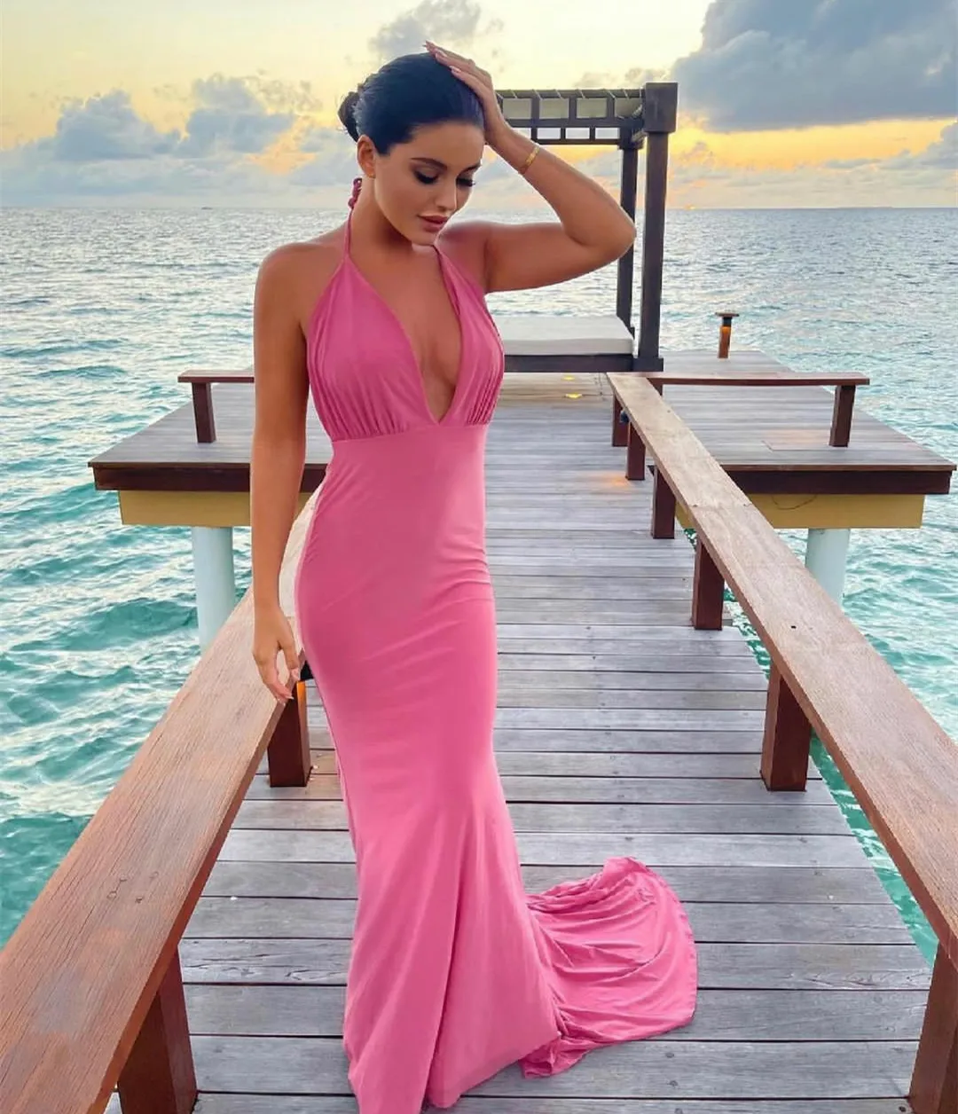 

Sexy Long Pink فساتين السهرة Evening Dresses Mermaid Deep V-Neck Prom Party Gowns Robe De Soiree for Women