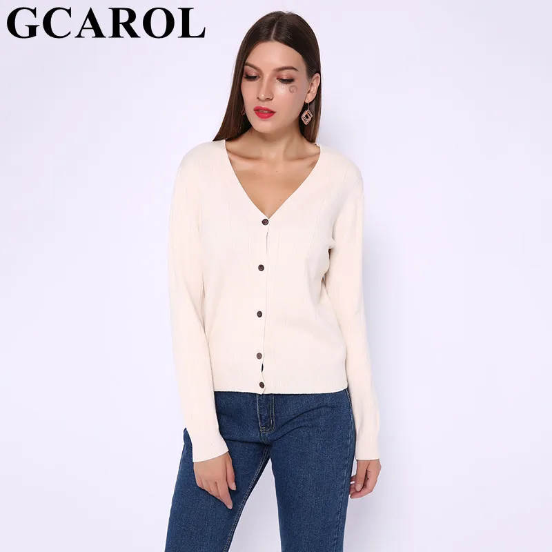 Ceny GCAROL nowy kobiety V Neck sweter pojedyncze piersi grube paski projekt krótki sweter Stretch OL podstawowe sprawiają, że kurtka z dzianiny