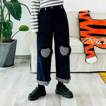 

Autumn Winter Japanese love Patch Casual Pants Cute Soft Sister Trousers Girls Student Corduroy Straight pants College style