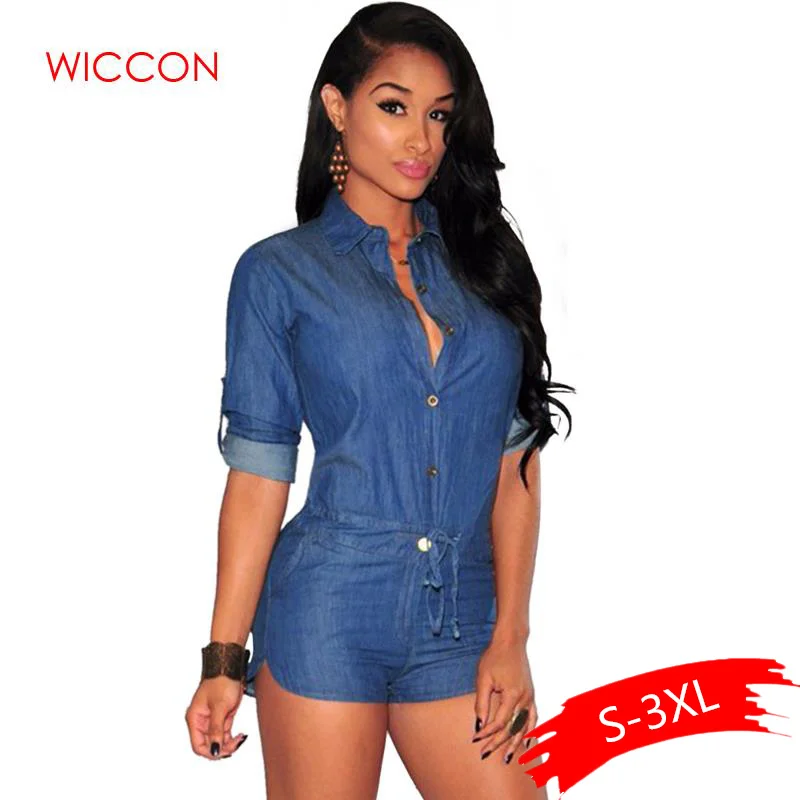 

2019 Women Plus Size Summer Denim Jumpsuit Shorts T-shirt Short Overall Casual Jeans Romper Solid Button Blue Color