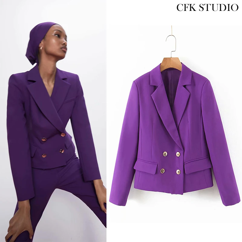 ZA Women Blazer with Double Breasted Pocket Long Sleeve Purple Jacket Coat Femme Casual Loose High Street Fashion Outwear Blazer