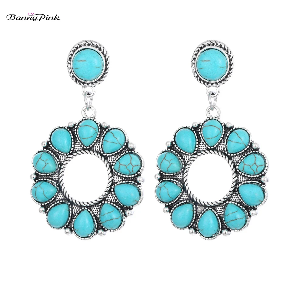 

Banny Pink Bohemia Waterdrop Stone Statement Earrings For Women Vintage Geometric Circle Stud Earrings Ethnic Chandelier Earring