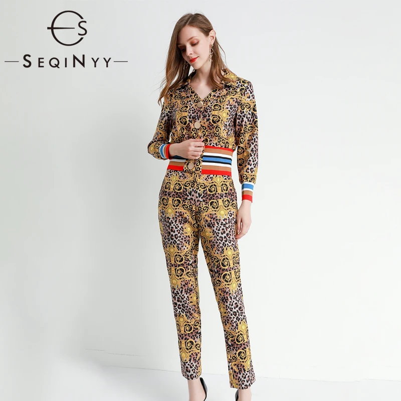 

SEQINYY Vintage Set 2020 Spring Autumn New Fashion Design Women Short Jacket + Ankel Pants Leopard Print Suit