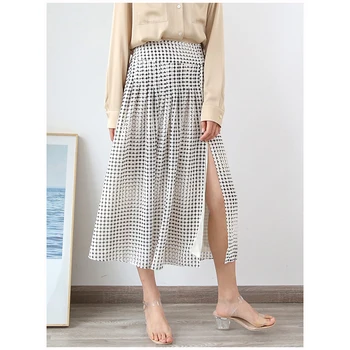 

2020 Summer New High Split Midi Skirt Geometric Pattern Print High Waist Female Long Pleated Dresses With Metal Ring