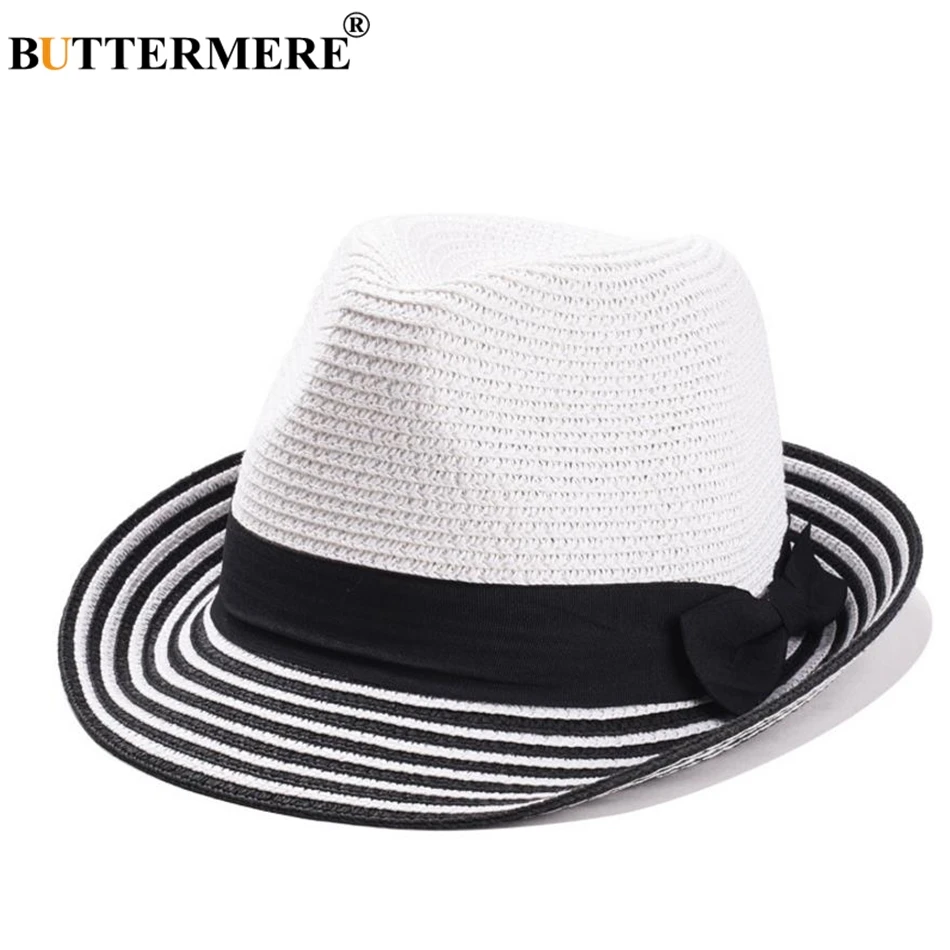 BUTTERMERE Summer Sun Hat Women Straw Female Linen Panama Blue White Striped Patchwork Beach Brand Ladies Jazz Hat|Женские пляжные