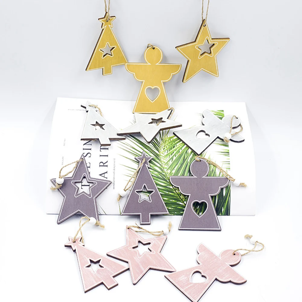 

12pcs Door Bar Christmas Ornament Pendants Small Party Office Star Heart Angel Tree Hanging Hotel Festival Home Wooden Plaque