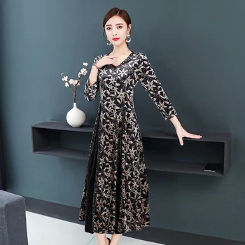 

Aulead Large Size 2019 Your Lady's Gold Velvet Dress Autumn and Winter New Wide Too Too Large Size Slim Retro Floral Dress 50cs