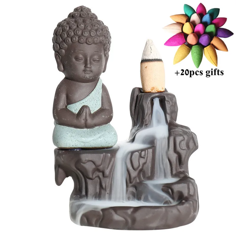 

Home Decor The Little Monk Small Buddha Backflow Incense Burner Creative Incense Stick Holder Waterfall Censer + 20pcs Cones