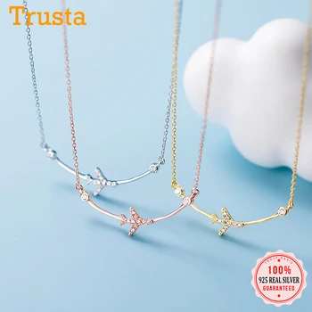 

TrustDavis 925 Sterling Silver Fashion arc Travel Plane Twinkling CZ Pendant Short Necklace For Women Fine S925 Jewelry DS759
