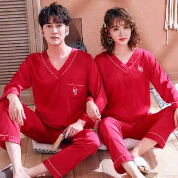 

Couple Pajamas Long-sleeved V-neck Satin Silk Thin Section Men and Women Casual Models Womens Lounge Wear Suit Spring and Summer