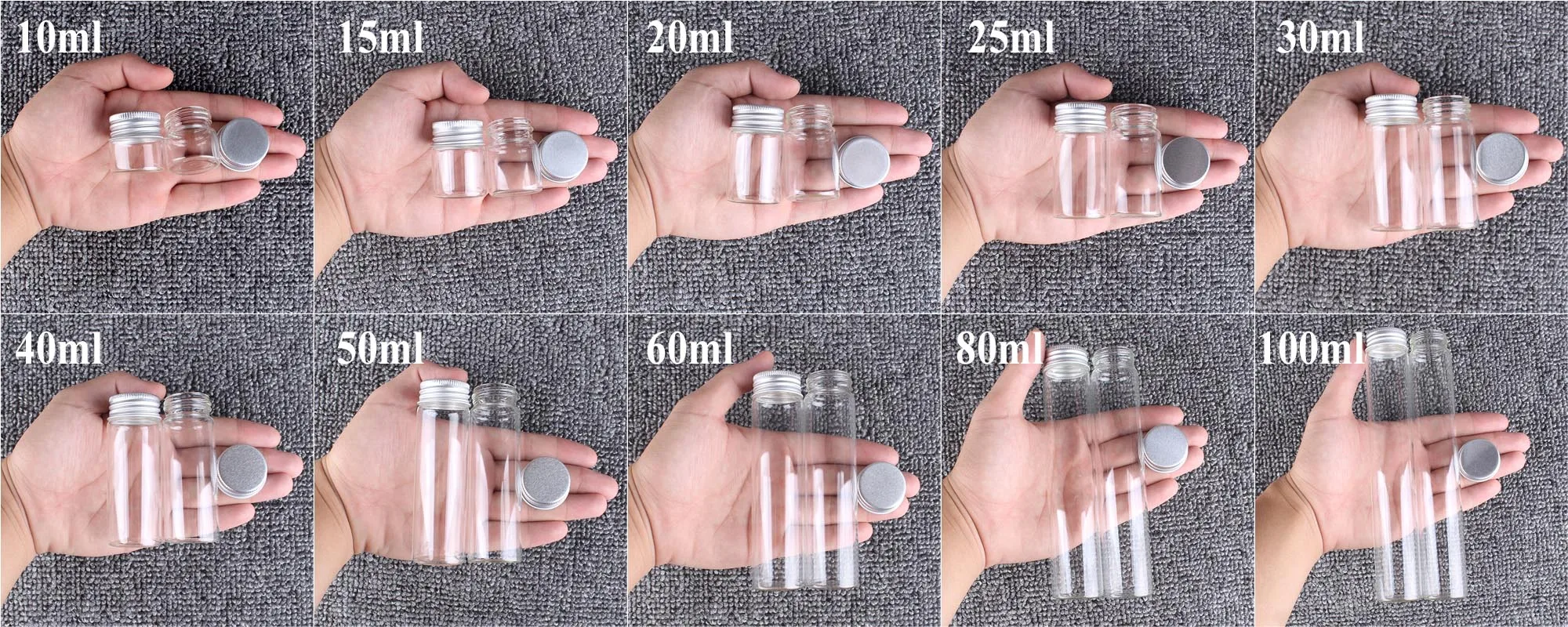 12pcs 10ml 15ml 20ml 25ml 30ml 40ml 50ml 60ml 80ml 100ml Glass Bottles With Aluminum Caps Empty Glass Spice Bottle For Art Craft 2