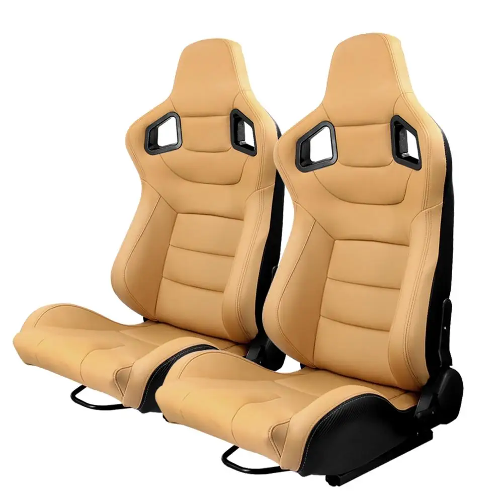 Beige Universal Fit for Most Vehicles OKLEAD 2pcs Set Sports Style Racing Seats PVC Leather Reclinable Bucket Seat with Slider 