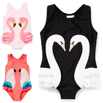 

Baby One Piece Swimsuit Girls Cute Swan Pattern Swimwear + Swim Cap Suit Children Bathing Swimming Costume Sleeveless Beachwear