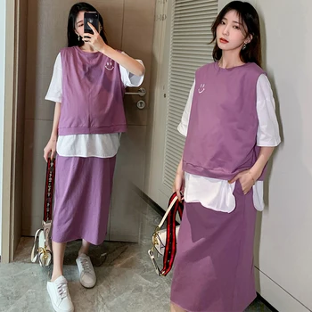 

2020 New Arrival Maternity Clothes Set 2pcs Cotton T-shirt with Vest +Skirts Spring Summer Clothes For Pregnancy Women Purple