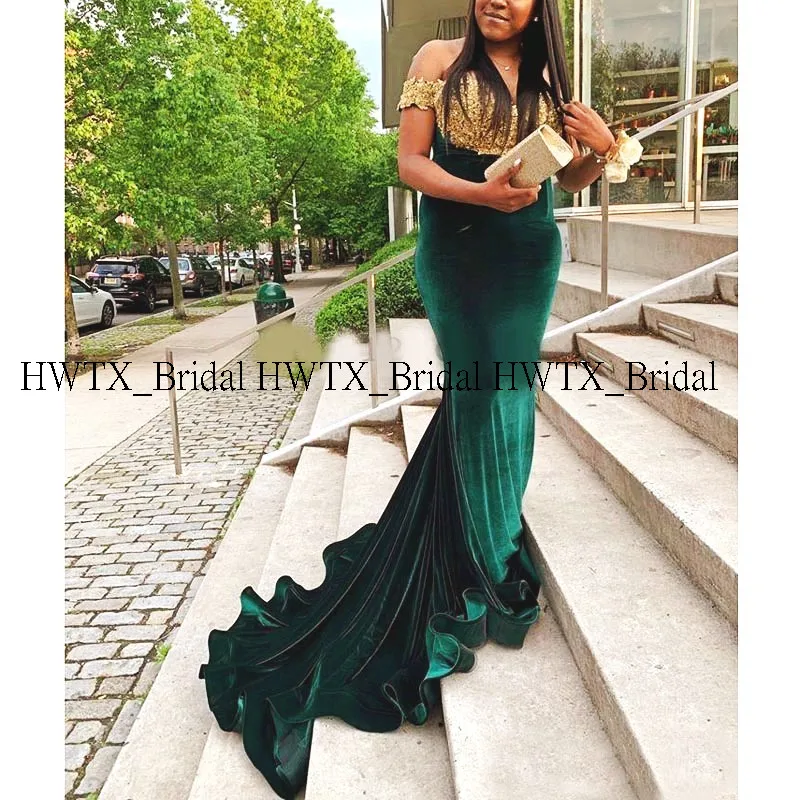 HWTX_Bridal черные платья для выпускного вечера в африканском стиле для девочек, коллекция года, Золотое кружевное платье с аппликацией, зеленое бархатное длинное вечернее платье с открытыми плечами