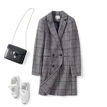 Женское пальто Осень/Зима Новое двубортное шерстяное длинное пальто в клетку женское Шерстяное и Смешанное