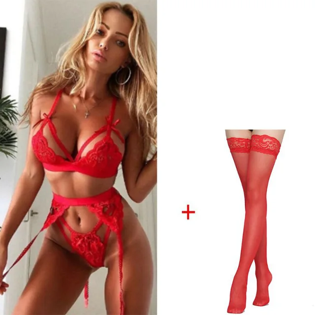 lace bra set Lenceria Babydoll Plus Size S-3XL Women's Intimates Underwear Bra Panties Set G-string Garter Belt Sexy Lingerie Set sheer bra and panty sets Bra & Brief Sets