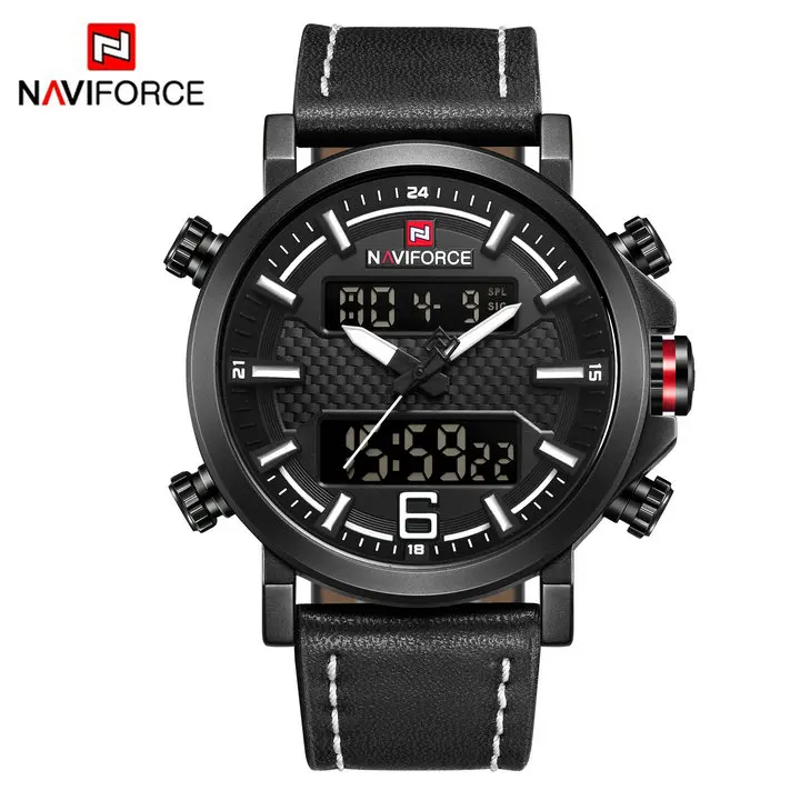 NAVIFORCE, повседневные часы, мужские кварцевые часы с двойным временем, мужские часы, Топ бренд, роскошные часы с календарем, аналоговые цифровые наручные часы с кожаным ремешком - Цвет: BLACK WHITE