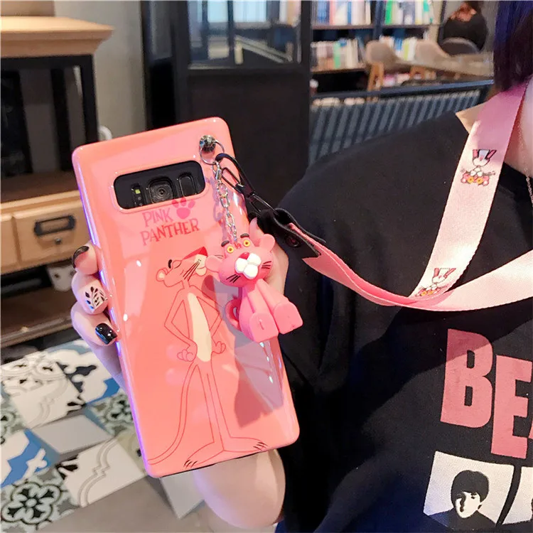 case toy straps Чехол Sam S10 plus с милой розовой пантерой, мягкий чехол для Samsung Galaxy S8 S9 note8 note9+ игрушка+ ремни - Цвет: case toy straps