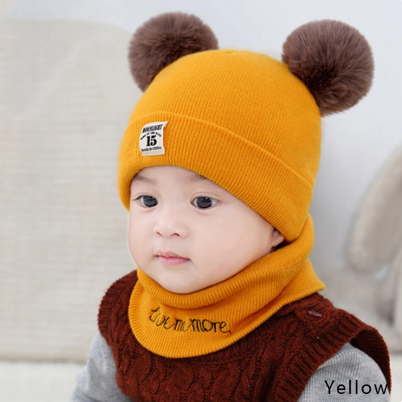 yellow Новинка года, зимняя шапка для маленьких девочек, шарф, однотонная теплая детская шапка с помпонами, комплект с шарфом, Вязаная хлопковая шапка с круглым вырезом и воротником для малышей - Цвет: yellow