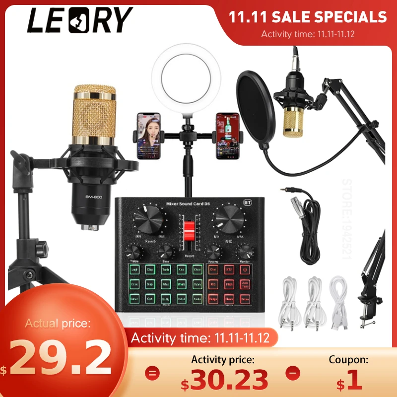 LEORY BM800 Microphone D6 Sound Card Mixer Condenser Led Ring Light Phone live Stream Game Tripod Stand USB BT Professional PC 1