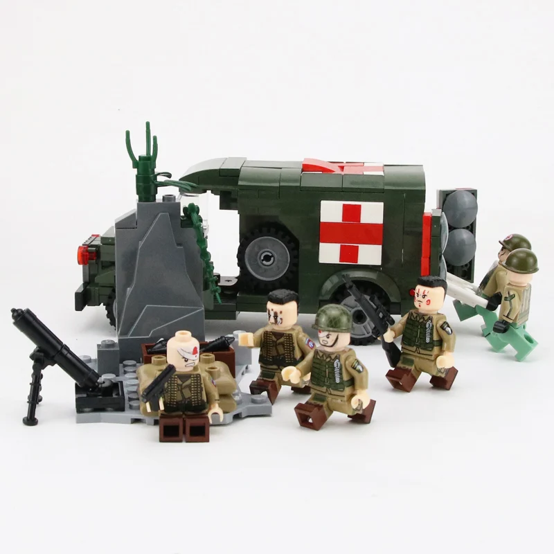 MOC WW2 US Army Wounded soldier Building Blocks Military Ambulance Bricks Weapon Bricks Parts Building Blocks Toys for children