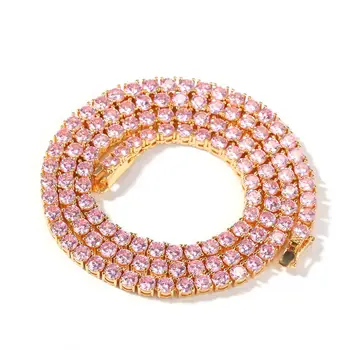 

1 Row 4mm Fashion All-match Tennis Necklace Pink Zircon Necklace Rhinestone Chain Choker Men's Hip Hop street Rock Accessories