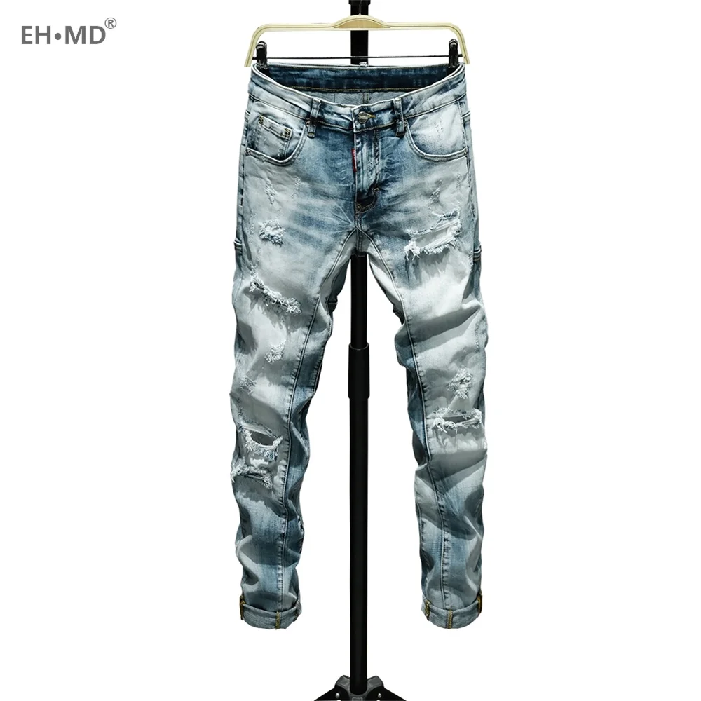 

EH · MD® Ripped Scratch Jeans Men's Embroidered Rainbow Pocket Soft Casual Loose Cotton Elastic Pants Red Leather Label New 2020