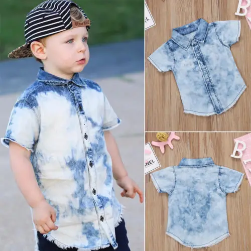Pudcoco/повседневная одежда для маленьких мальчиков хлопковая джинсовая рубашка с короткими рукавами и отложным воротником для детей от 2 до 7 лет