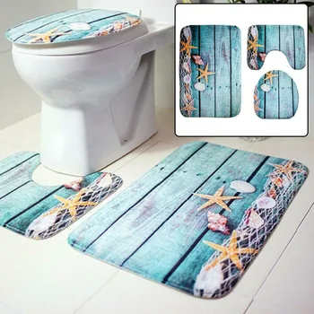 

Ocean 3Pcs/Set Non-Slip Bathroom Toilet Seat Cover Pedestal Rug Bath Mat Carpet U Shape Mat