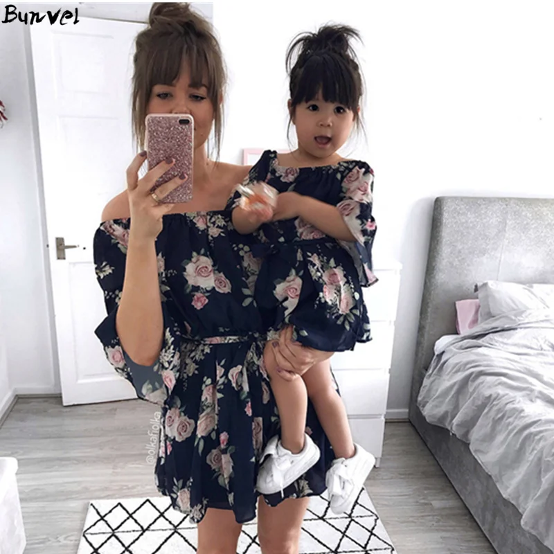 

bunvel Mother and Daughter Clothes Summer Slash Neck Vintage Sexy Bohemian Floral Tunic Beach Dress Sundress Female Vestidos