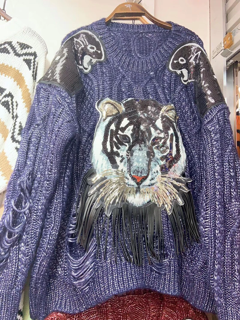 Тайланд tide брендовая куртка женская новинка в пайетках голова тигра кисточкой яркий шелк свободный большой размер дикий свитер для женщин