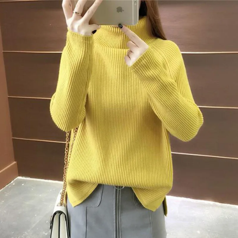 LANMREM желтый женский пуловер с высоким воротом и длинным рукавом вязаный свитер