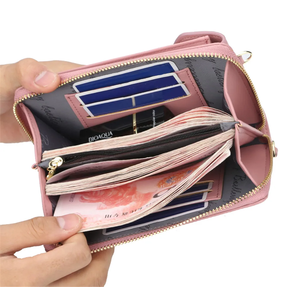 New Women Purses Solid Color Leather Shoulder Strap Bag Mobile Phone Bag Card Holders Wallet Handbag Pockets for Girls
