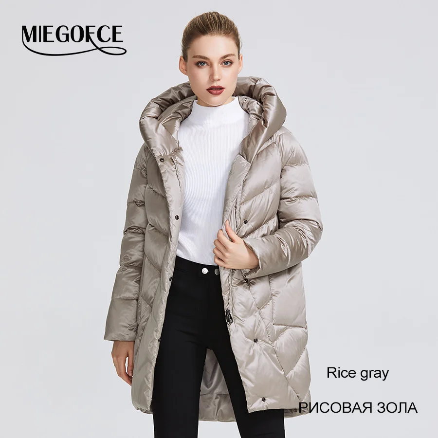 MIEGOFCE Зимняя куртка женская коллекция теплая куртка придает очаровательность и элегантность пальто зимнее подходит для всех видов фигуры двоиная защита от холода длина до колен и стоячий воротник с капюшоном - Цвет: 305 Rice Gray