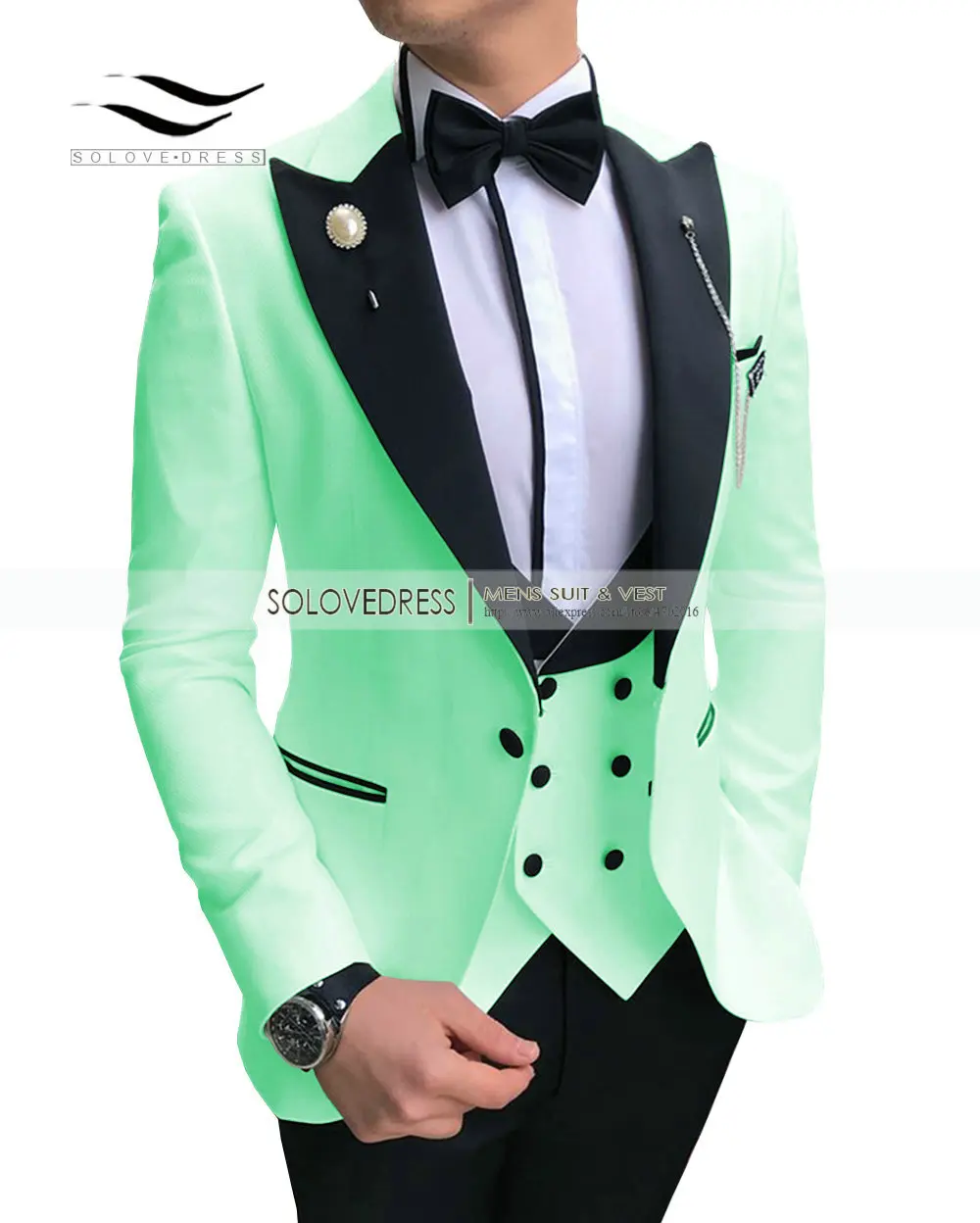 Mint Green Новинка, повседневные мужские костюмы, приталенные, 3 предмета, с отворотом, смокинги для выпускного вечера, Женихи, мужские для свадьбы(Блейзер+ жилет+ брюки - Цвет: Mint Green