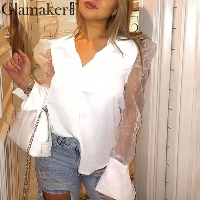 Glamaker белая сексуальная прозрачная офисная блуза с пышными рукавами женская