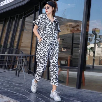 

Camouflage JUMPSUIT Women Short Sleeve Long Pants Female Runway Hoodies Rompers Print Streetwear Outfits Oversized Plus Size