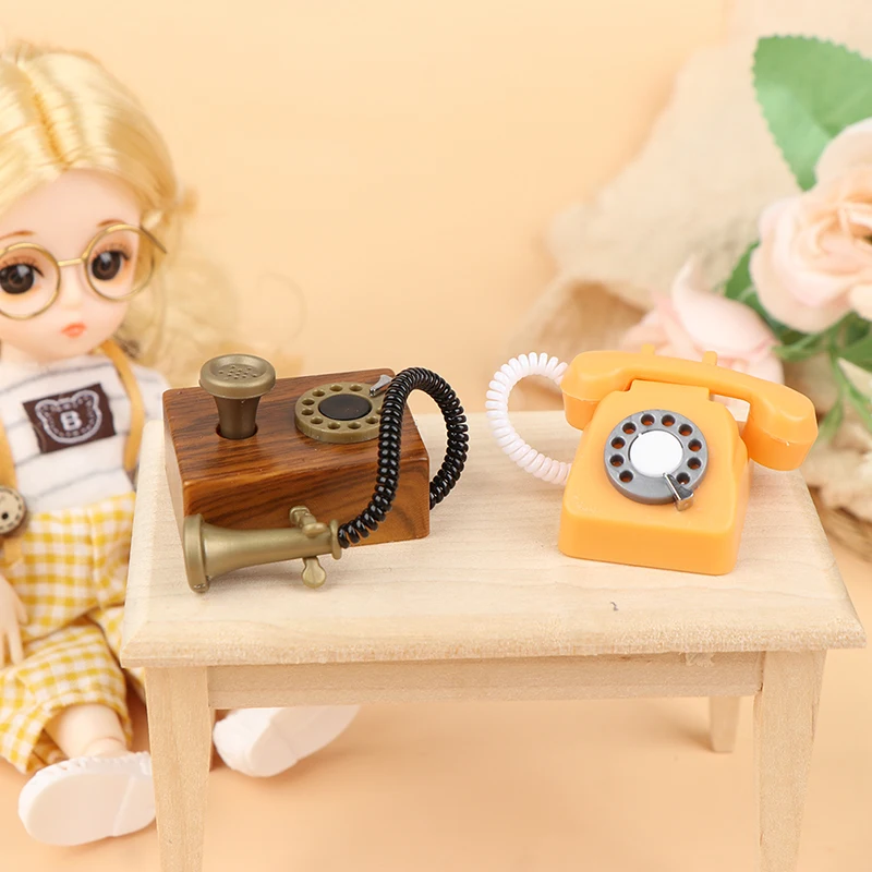 1: 12 Dollhouse Miniature Simulated Fixed Telephone And Retro Telephones Model Dollhouse Furniture Children Pretend Play Toy 3