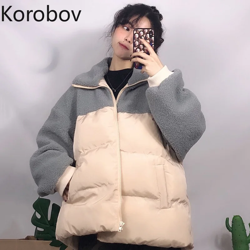 Коробов Новинка зимы с длинным рукавом модного цвета, в стиле пэчворк Для женщин парки в Корейском стиле Syand, с воротником, на молнии, с карманами, пальто 79119